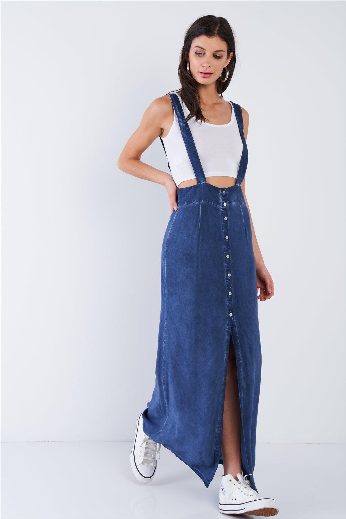 Navy Adjustable Overall Acid Washed Maxi Skirt /1-2-1