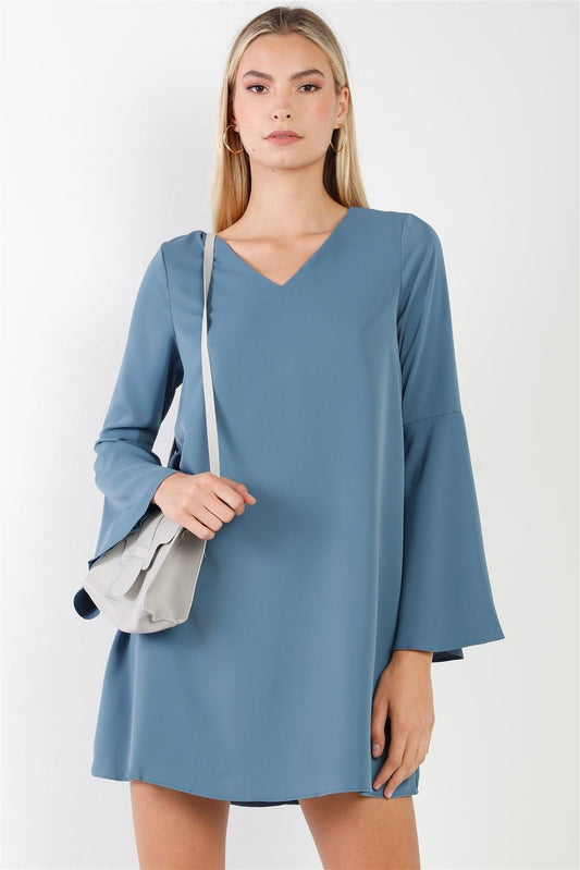 Slate Blue V-Neck Trumpet Sleeve Detail Flowing Relaxed Mini Dress /1-2-1