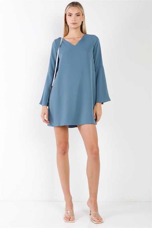 Slate Blue V-Neck Trumpet Sleeve Detail Flowing Relaxed Mini Dress /1-1-2-2-1