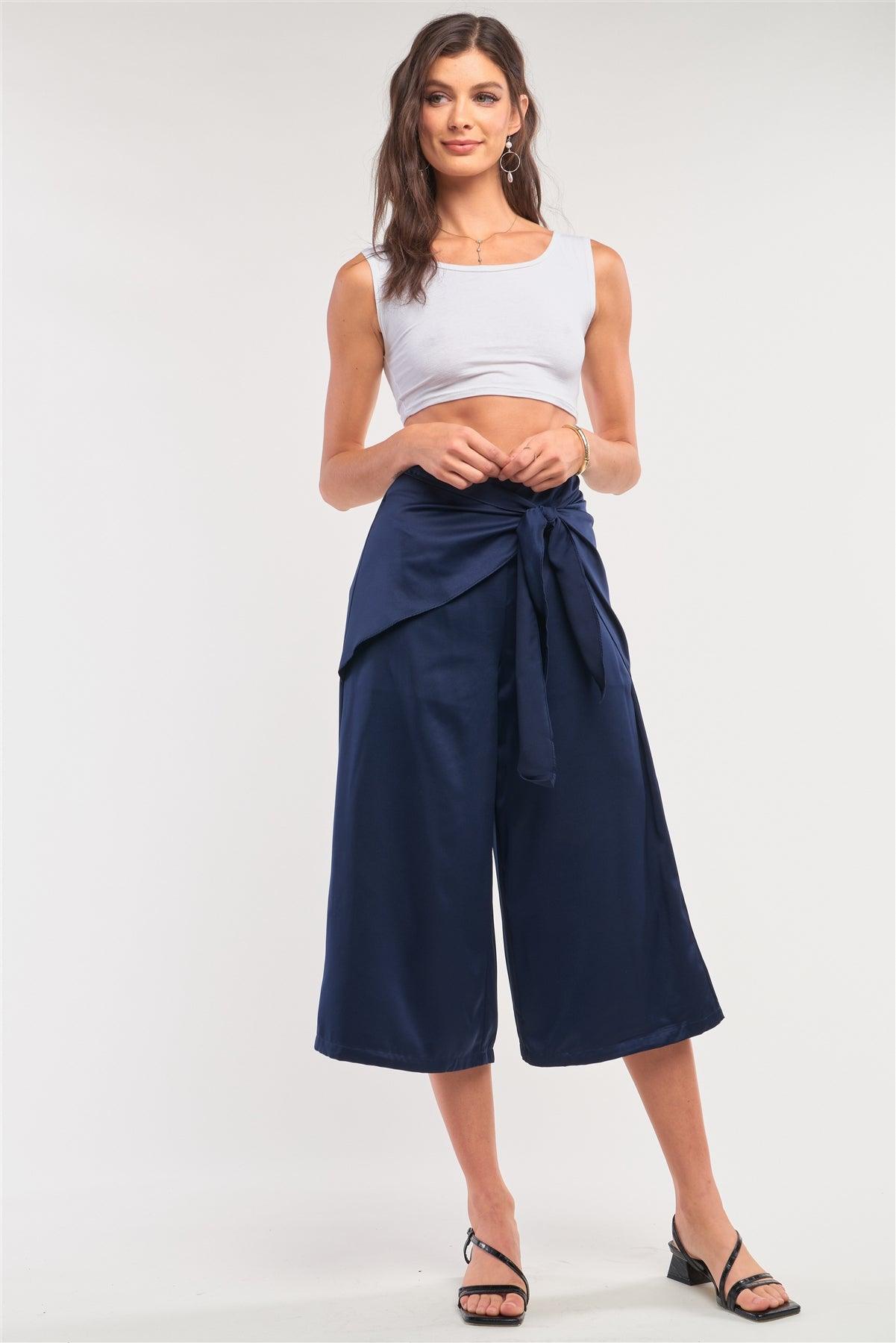 Solid Navy Satin High Waisted Wrap Tie Midi Pants /1-2-3-1