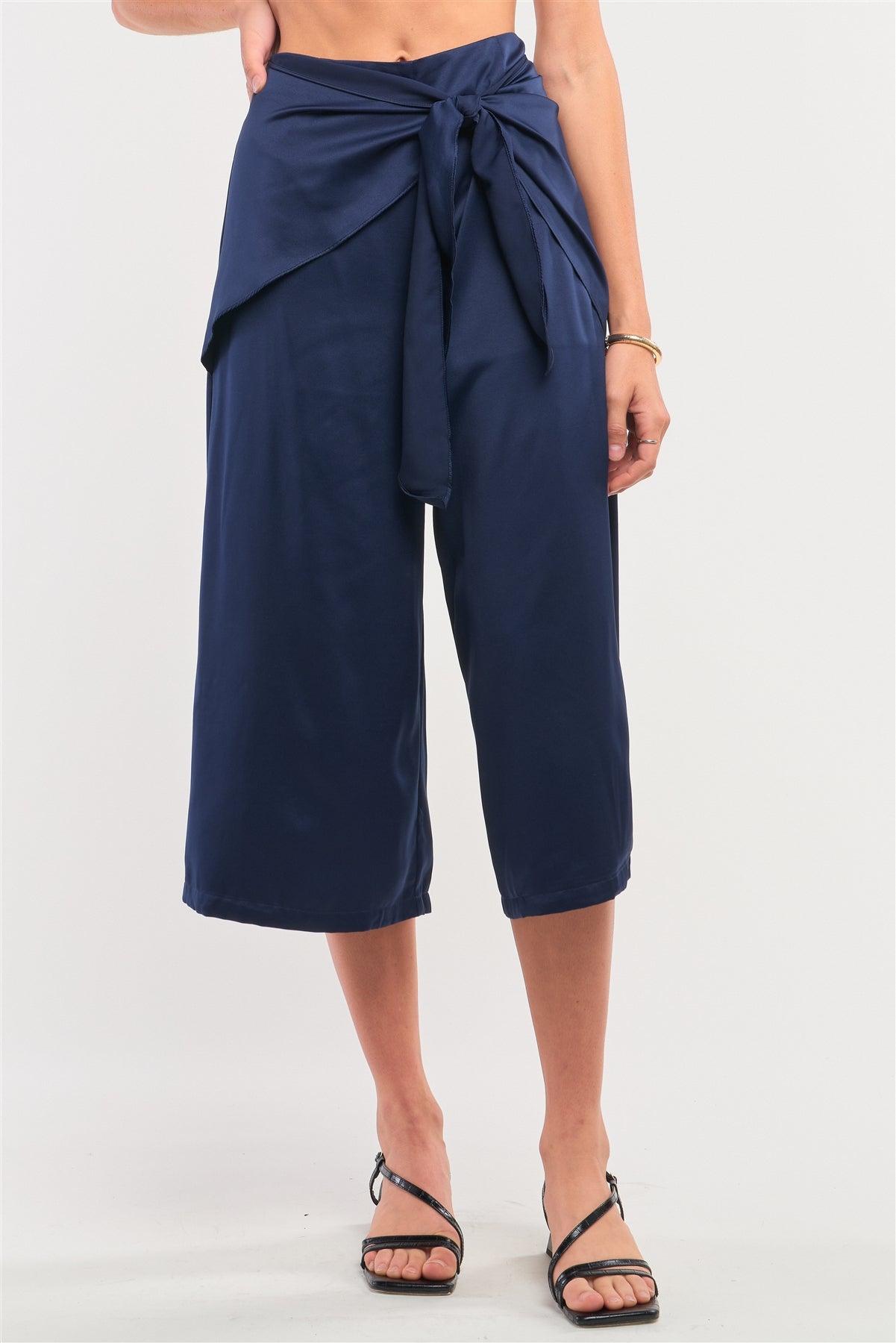 Solid Navy Satin High Waisted Wrap Tie Midi Pants /1-2-3-1