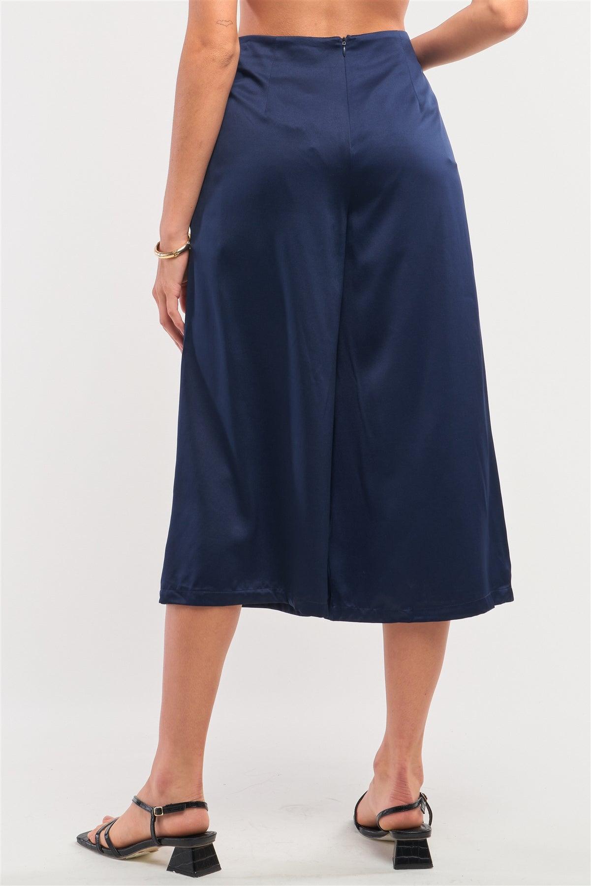 Solid Navy Satin High Waisted Wrap Tie Midi Pants /1-2-3-1