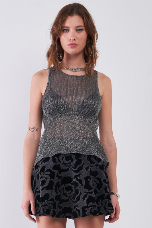 Black & Silver Pleated See Through Sleeveless Round Neck Asymmetrical Elasticated Waistline Back Keyhole Top /1-2-2