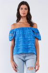 Blue Crochet Off-The-Shoulder Angel Wing Mini Sleeve Multi Pattern Lined Top /1-2-2-1