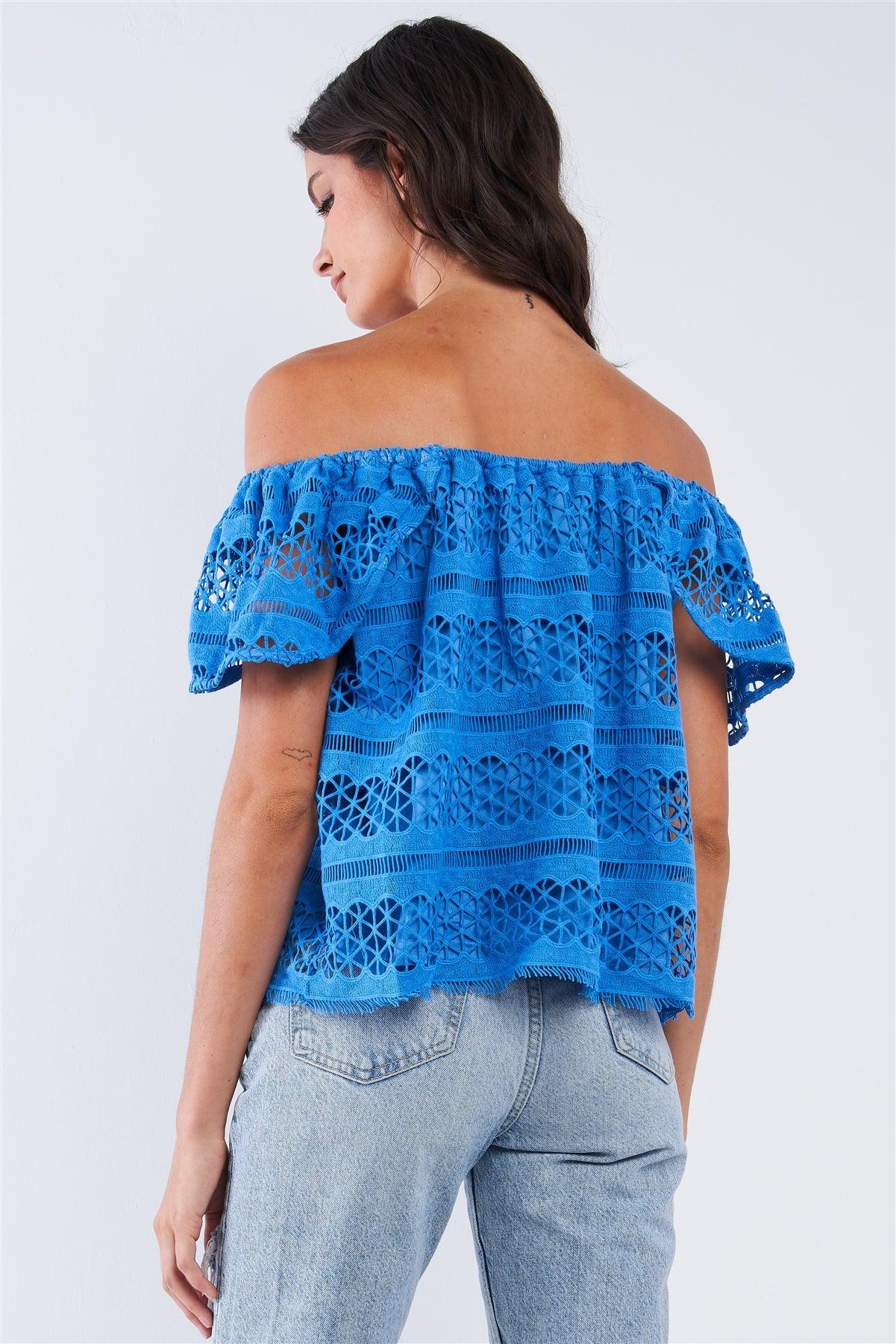 Blue Crochet Off-The-Shoulder Angel Wing Mini Sleeve Multi Pattern Lined Top /1-2-2-1