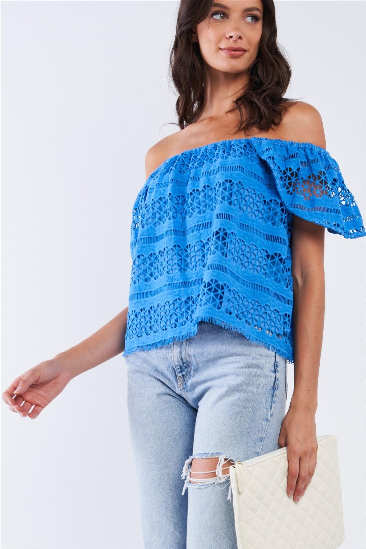 Blue Crochet Off-The-Shoulder Angel Wing Mini Sleeve Multi Pattern Lined Top /1-2-2-1