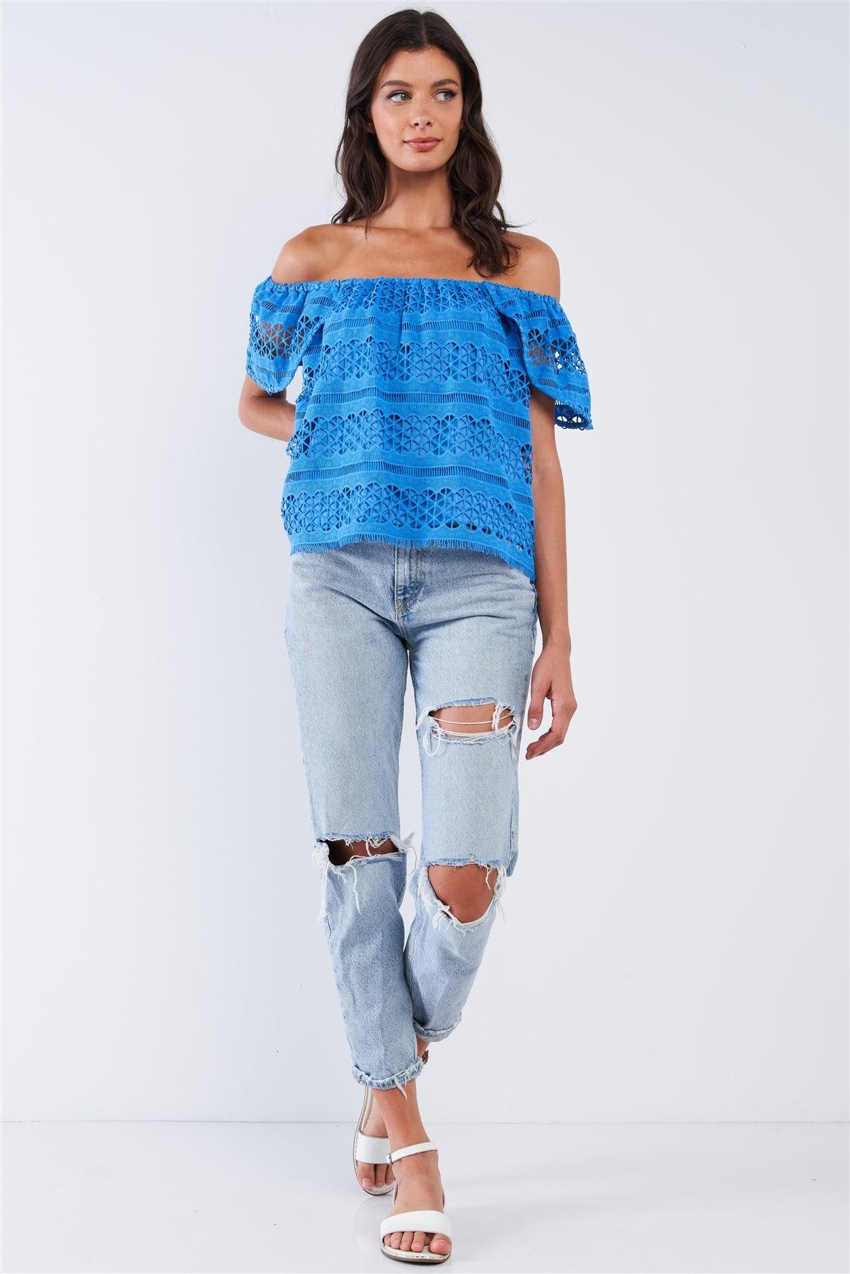 Blue Crochet Off-The-Shoulder Angel Wing Mini Sleeve Multi Pattern Lined Top /1-2-2-1