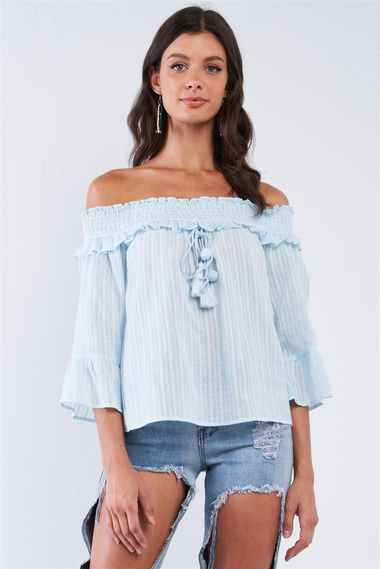 Light Blue Off-The-Shoulder Frill Shoulder Hem Wide Midi Sleeve Loose Fit Front Tassel Tie Peasant Top With Pompom Detail