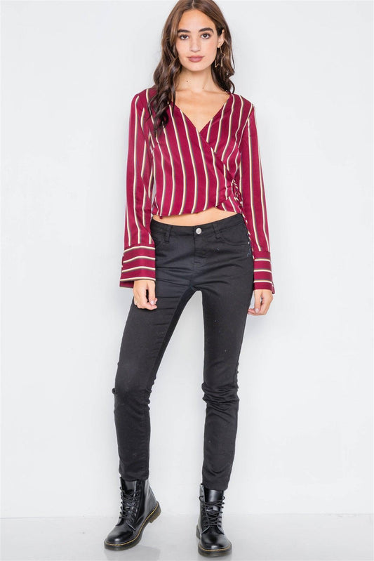 Burgundy Satin Self-Tie V-Neck Crop Blouse /2-2-2