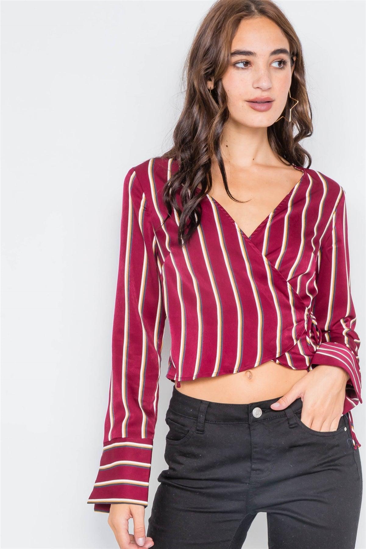 Burgundy Satin Self-Tie V-Neck Crop Blouse /2-2-2