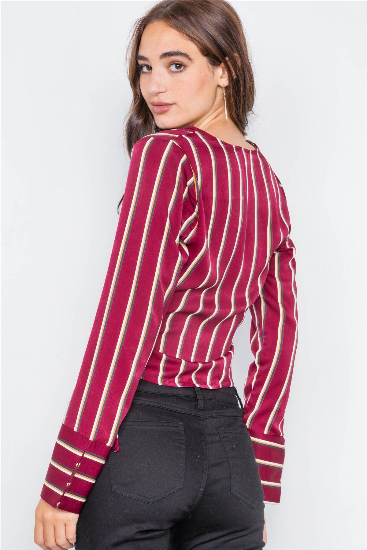 Burgundy Satin Self-Tie V-Neck Crop Blouse /2-2-2