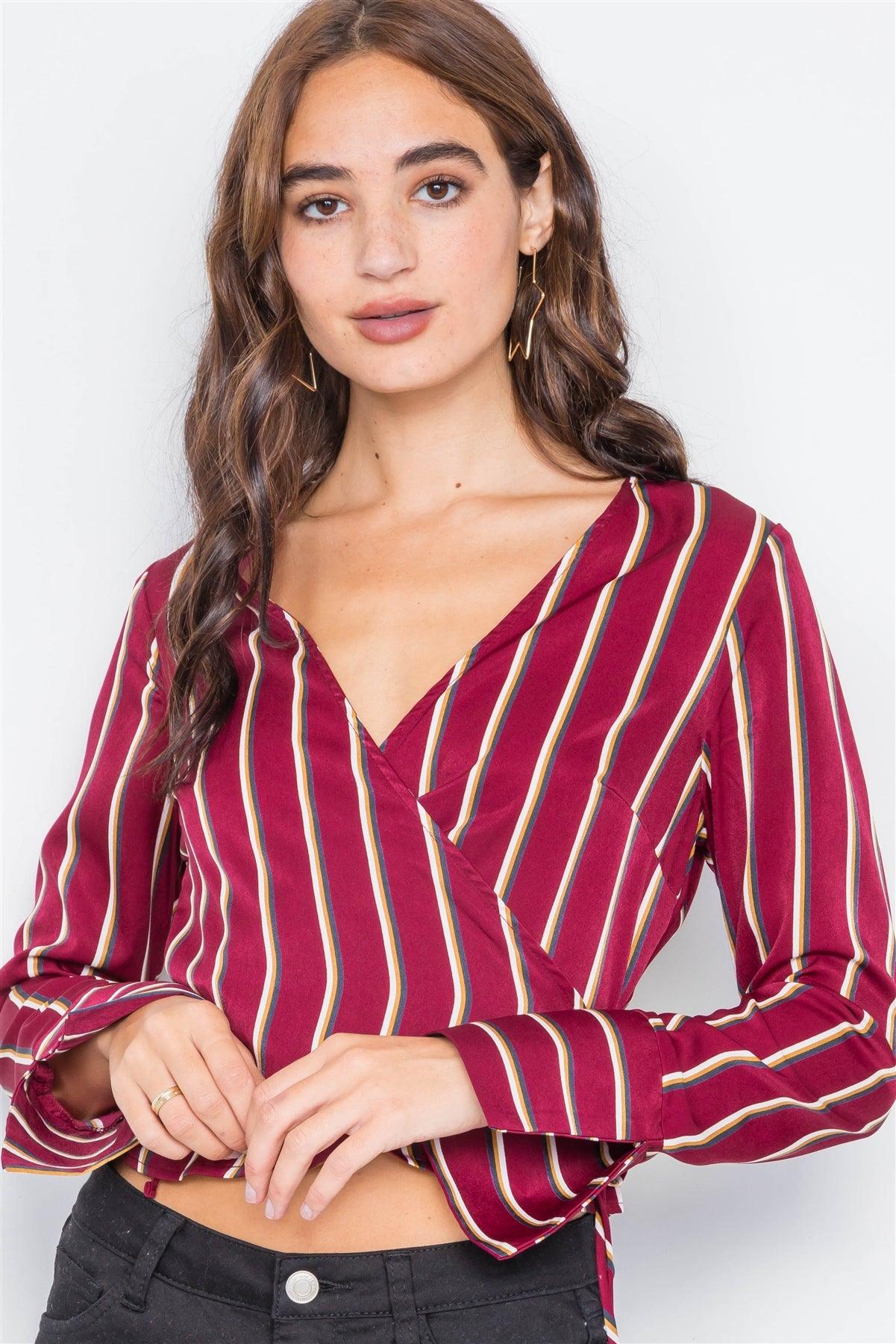 Burgundy Satin Self-Tie V-Neck Crop Blouse /2-2-2