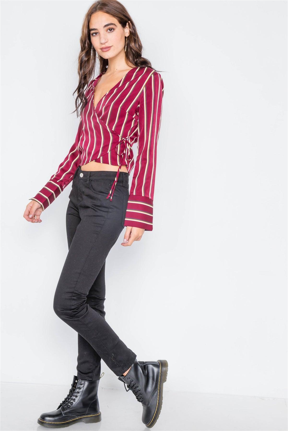 Burgundy Satin Self-Tie V-Neck Crop Blouse /2-2-2