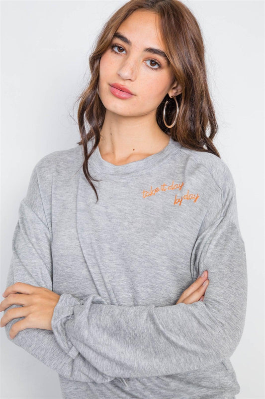 Heather Grey "TAKE IT DAY BY DAY" Graphic Cozy Flounce Cuff Sweater /2-2-2