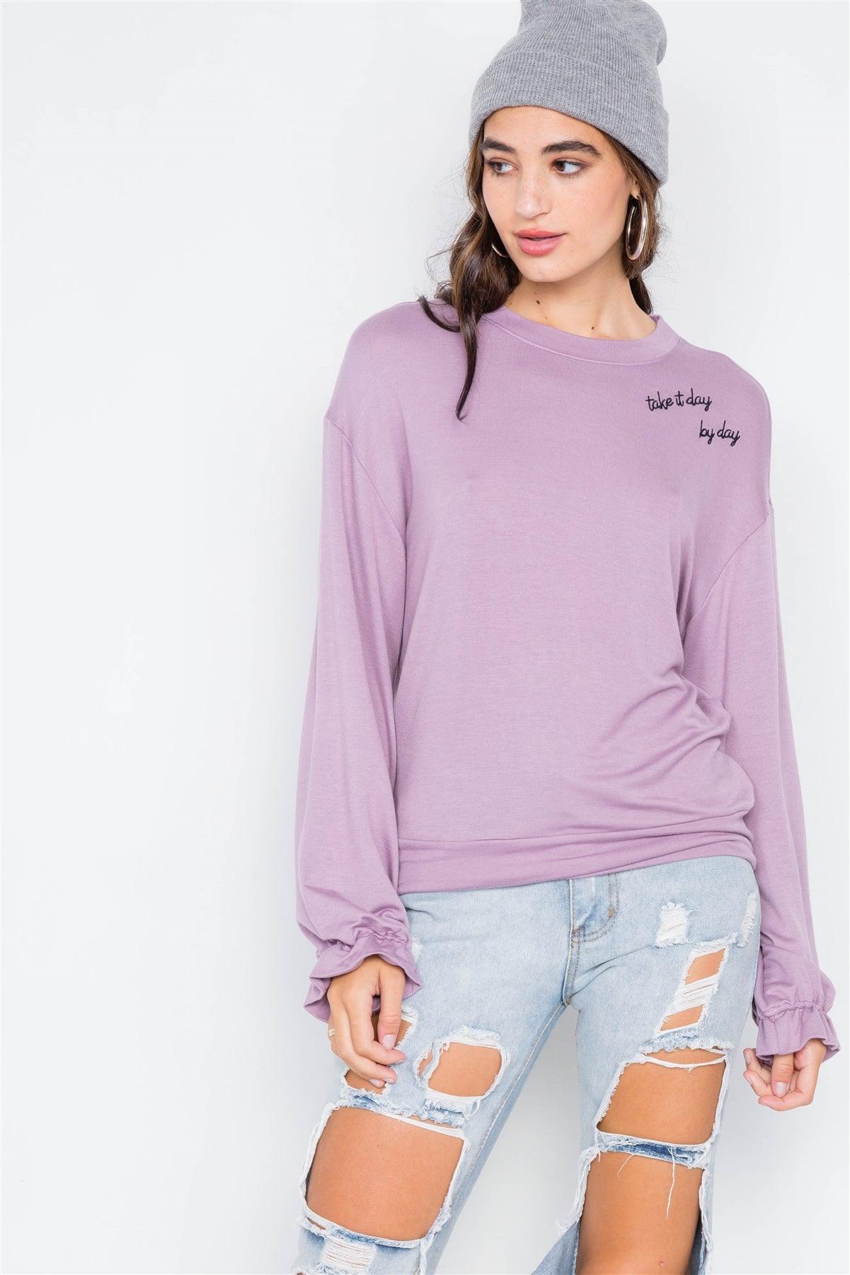 Lavender "TAKE IT DAY BY DAY" Graphic Cozy Flounce Cuff Sweater