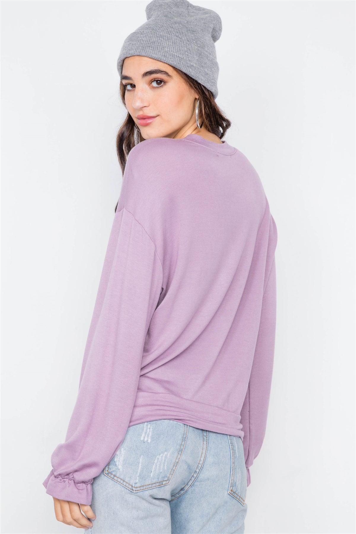 Lavender "TAKE IT DAY BY DAY" Graphic Cozy Flounce Cuff Sweater