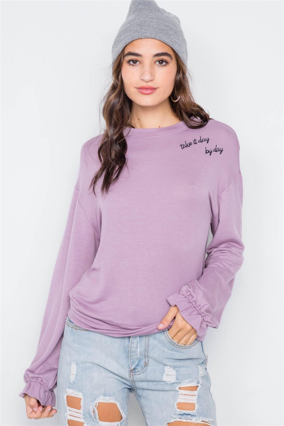 Lavender "TAKE IT DAY BY DAY" Graphic Cozy Flounce Cuff Sweater