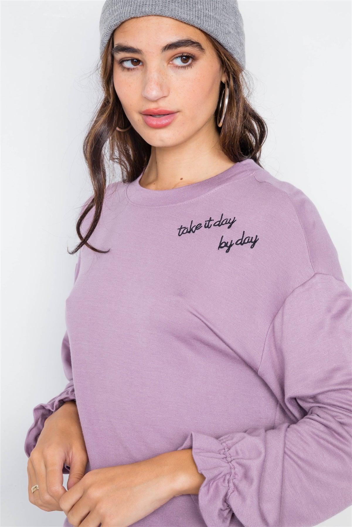 Lavender "TAKE IT DAY BY DAY" Graphic Cozy Flounce Cuff Sweater