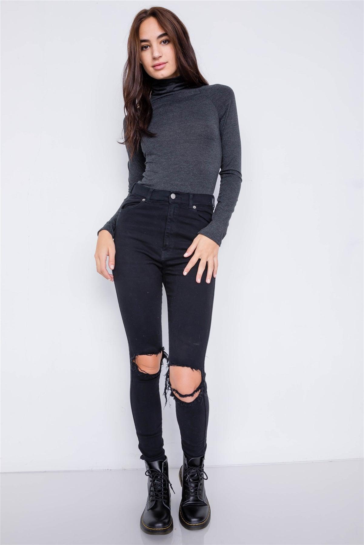 Charcoal Grey Solid Turtleneck Bodysuit /2-2-2