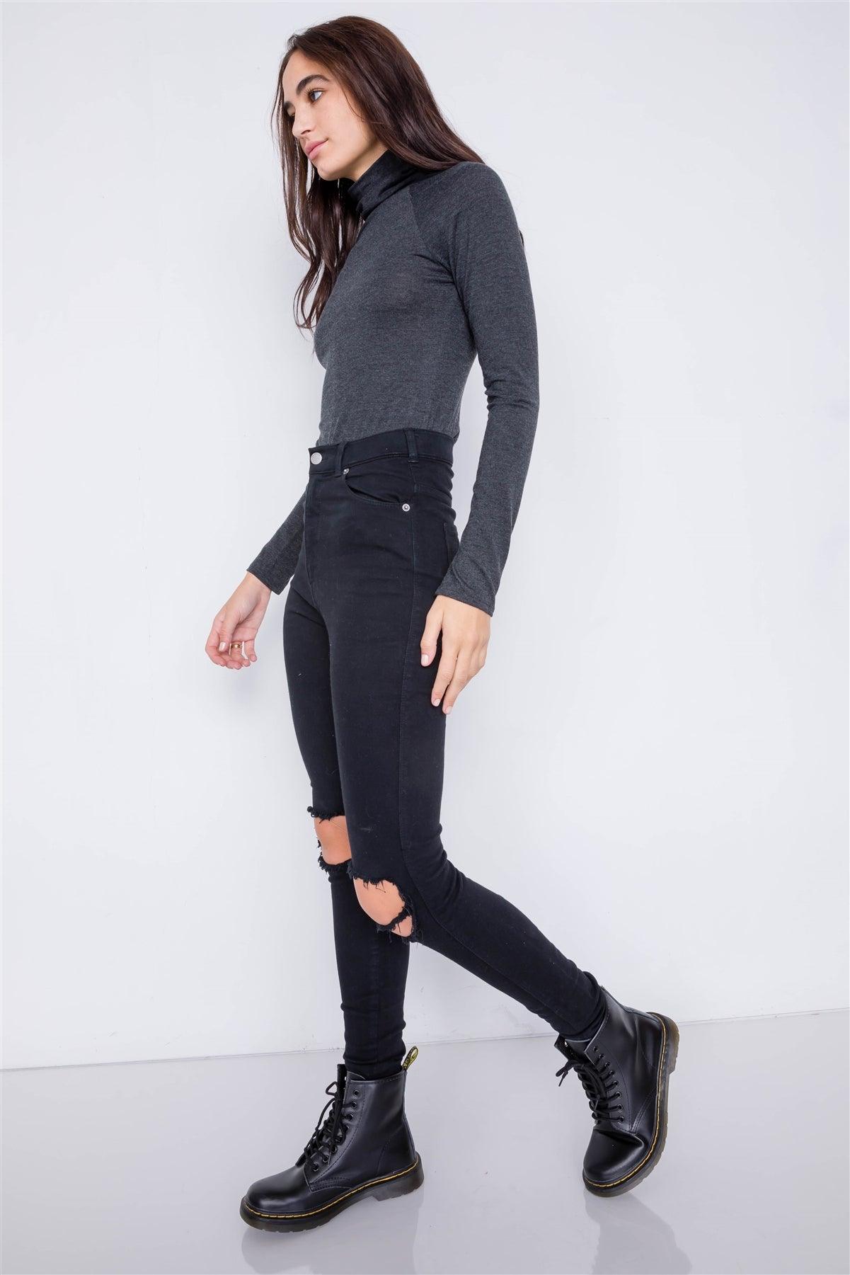 Charcoal Grey Solid Turtleneck Bodysuit /2-2-2