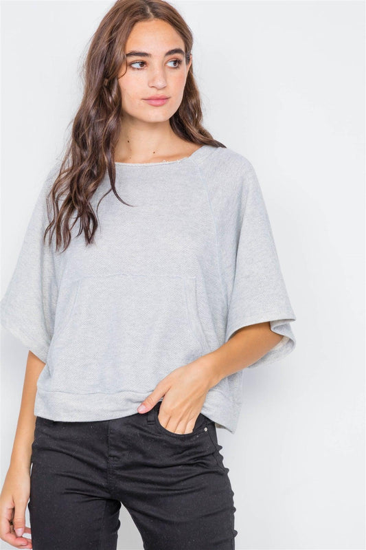 Heather Grey Raw Hem Neckline Relaxed Fit Sweater  /2-2-2