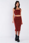 Rust Red Mock Button U-Shape Hem Crop & Midi Bodycon Skirt Set /1-2-2