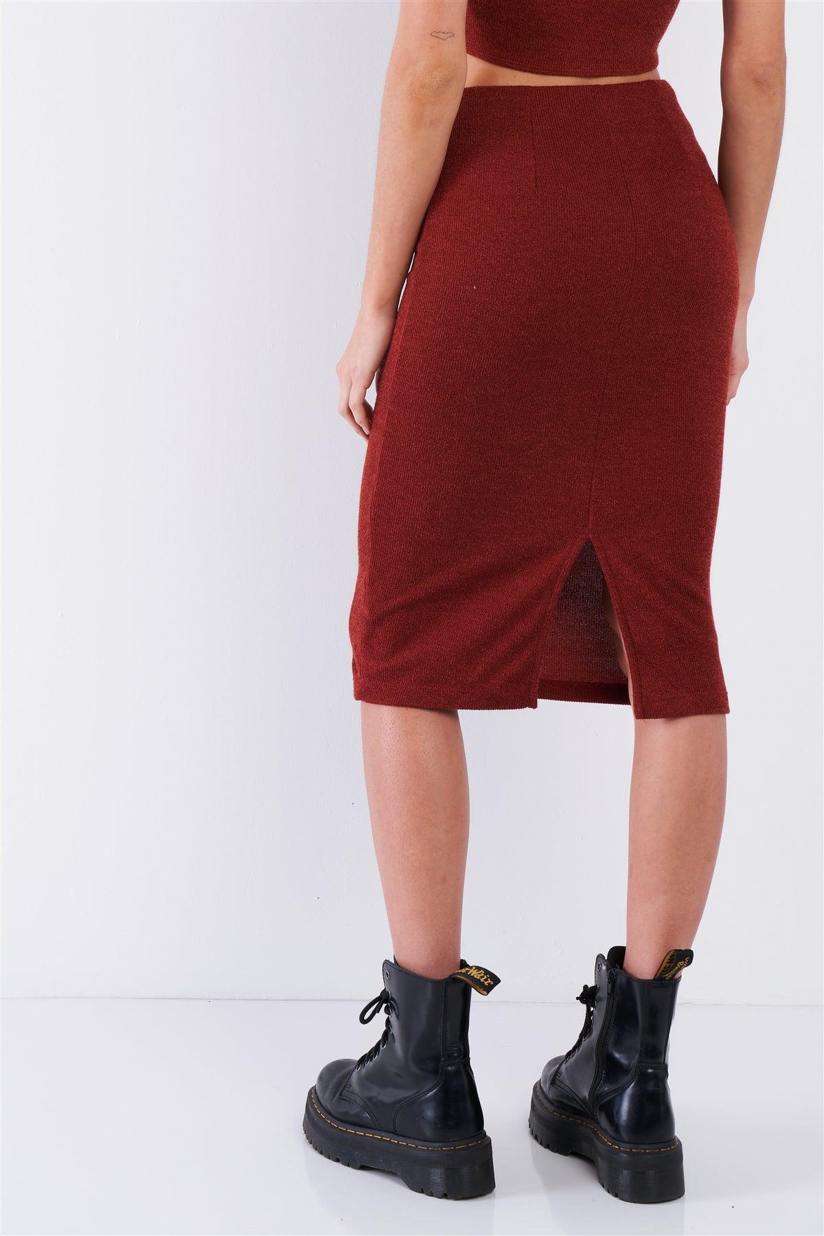 Rust Red Mock Button U-Shape Hem Crop & Midi Bodycon Skirt Set /1-2-2