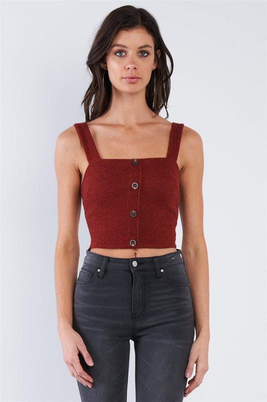 Rust Red Mock Button U-Shape Hem Crop Top /2-2-2