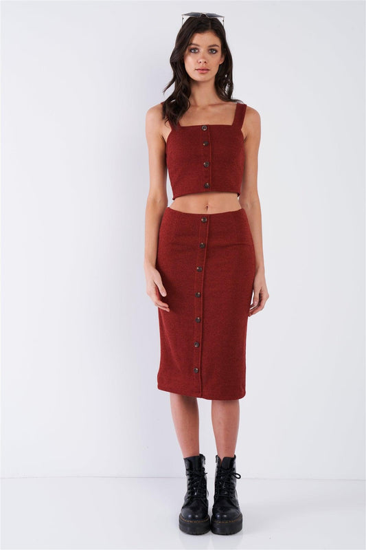 Rust Red Mock Button U-Shape Hem Crop & Midi Bodycon Skirt Set /2-2-2