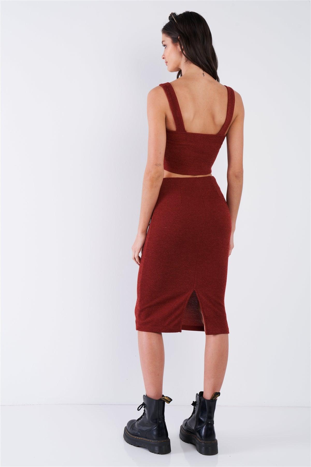 Rust Red Mock Button U-Shape Hem Crop & Midi Bodycon Skirt Set /2-2-2