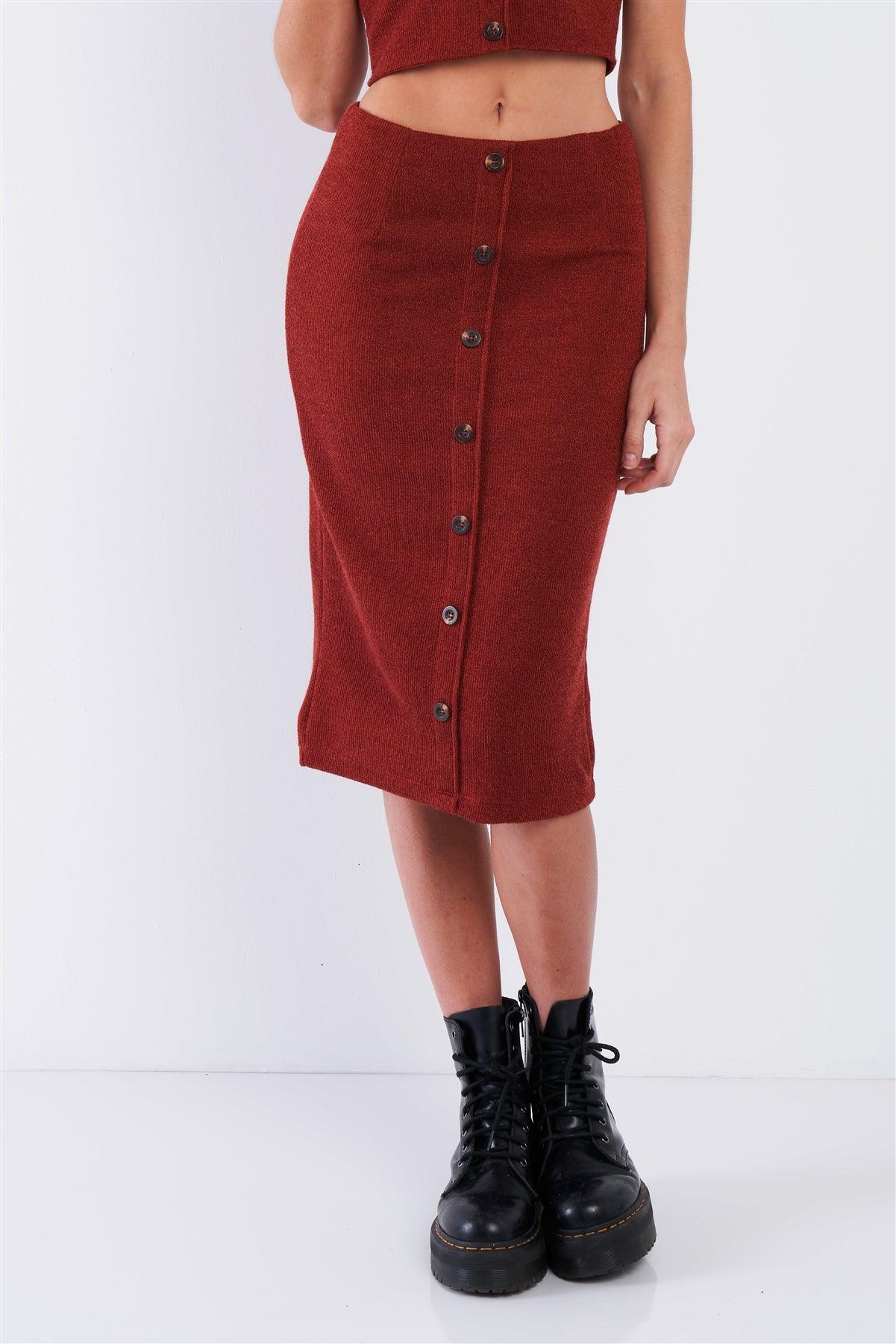 Rust Red Mock Button U-Shape Hem Crop & Midi Bodycon Skirt Set /2-2-2