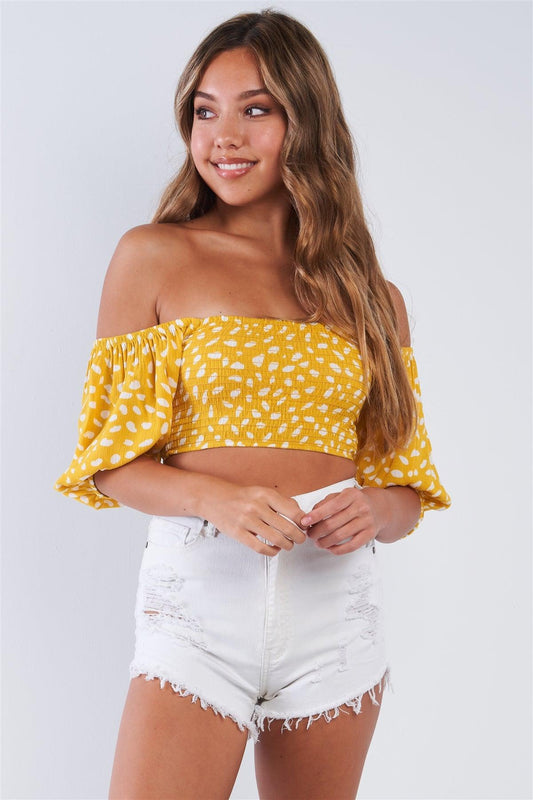 Lemon Yellow Polka Dotted Off The Shoulder Puff Sleeve Elastic Crop Top