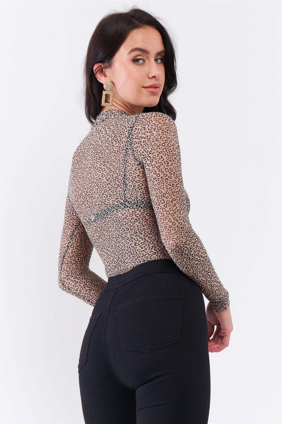 Taupe & Black Cheetah Sheer Mesh Mock Neck Long Sleeve Bodysuit /3-2-1