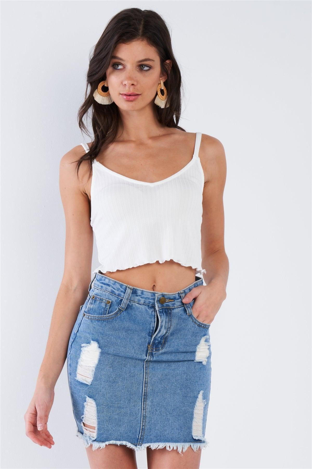 White Boho Ribbed Low Back Spaghetti Strap Crop Top   /2-1-1