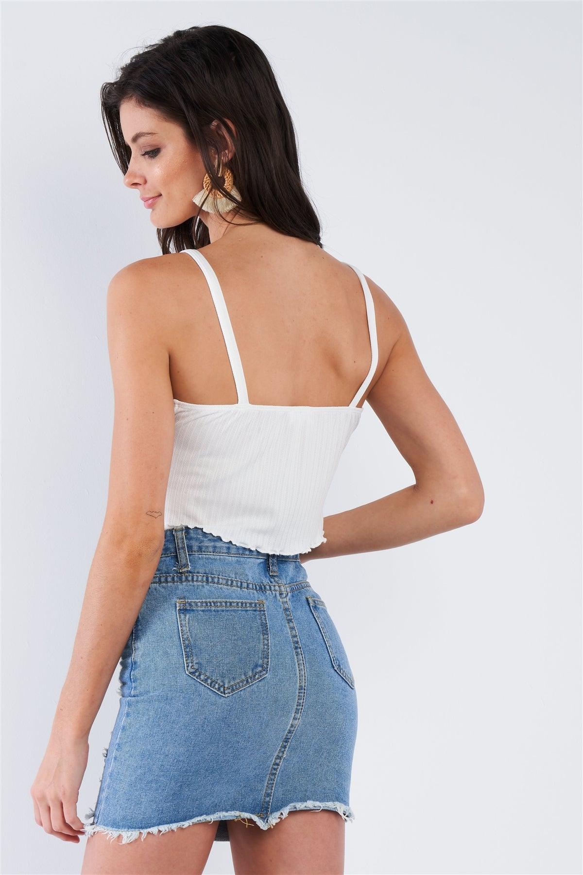 White Boho Ribbed Low Back Spaghetti Strap Crop Top   /2-1-1