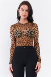 Brown Leopard Print Sheer Mesh Crew Neck Long Sleeve Bodysuit /3-2-1