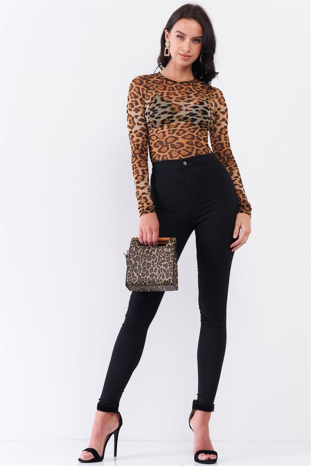 Brown Leopard Print Sheer Mesh Crew Neck Long Sleeve Bodysuit /3-2-1