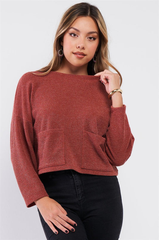 Brick Two Front Pocket Crew Neck Long Sleeve Knit Top /2-2-2