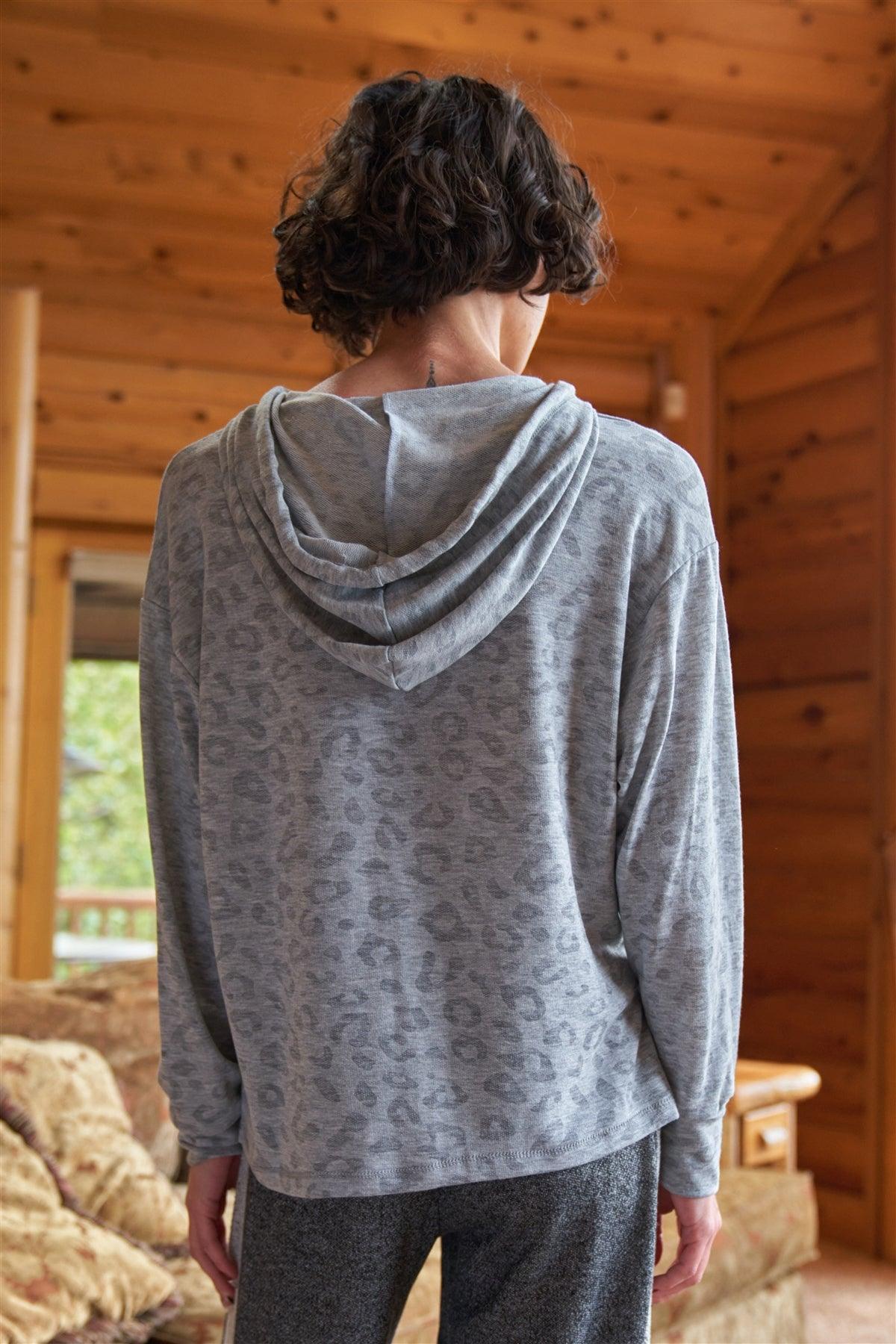 Grey Leopard Print Long Sleeve Drawstring-Tie Hooded Relaxed Sweat Shirt /2-2-2