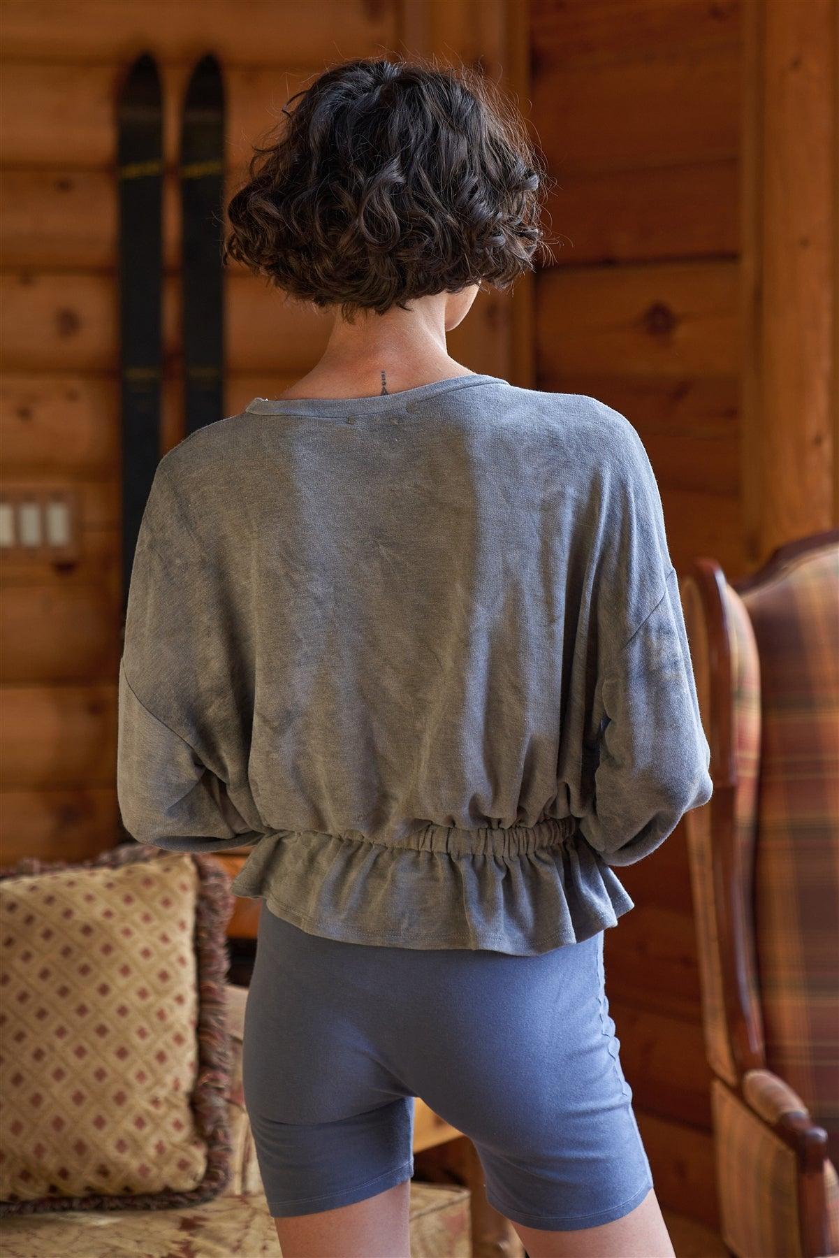 Mixed Grey Washed-Out Tie-Dye Effect Long Sleeve Gathered Waist Detail Relaxed Top /2-2-2