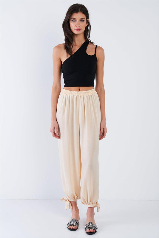 Silk Champagne Yellow Ankle Cut Out Semi-Sheer Jogger Pants   /1-2-2-1