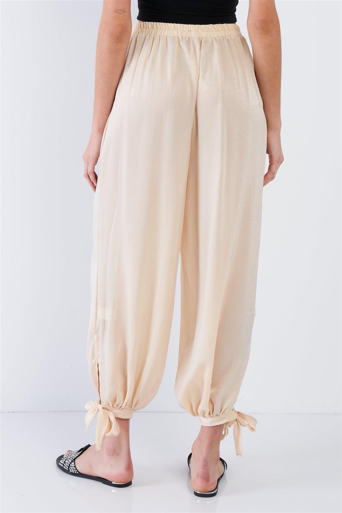 Silk Champagne Yellow Ankle Cut Out Semi-Sheer Jogger Pants   /1-2-2-1