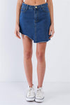 Dark Blue Washed Asymmetrical Raw Cut Hem Mini Skirt /2-2-1