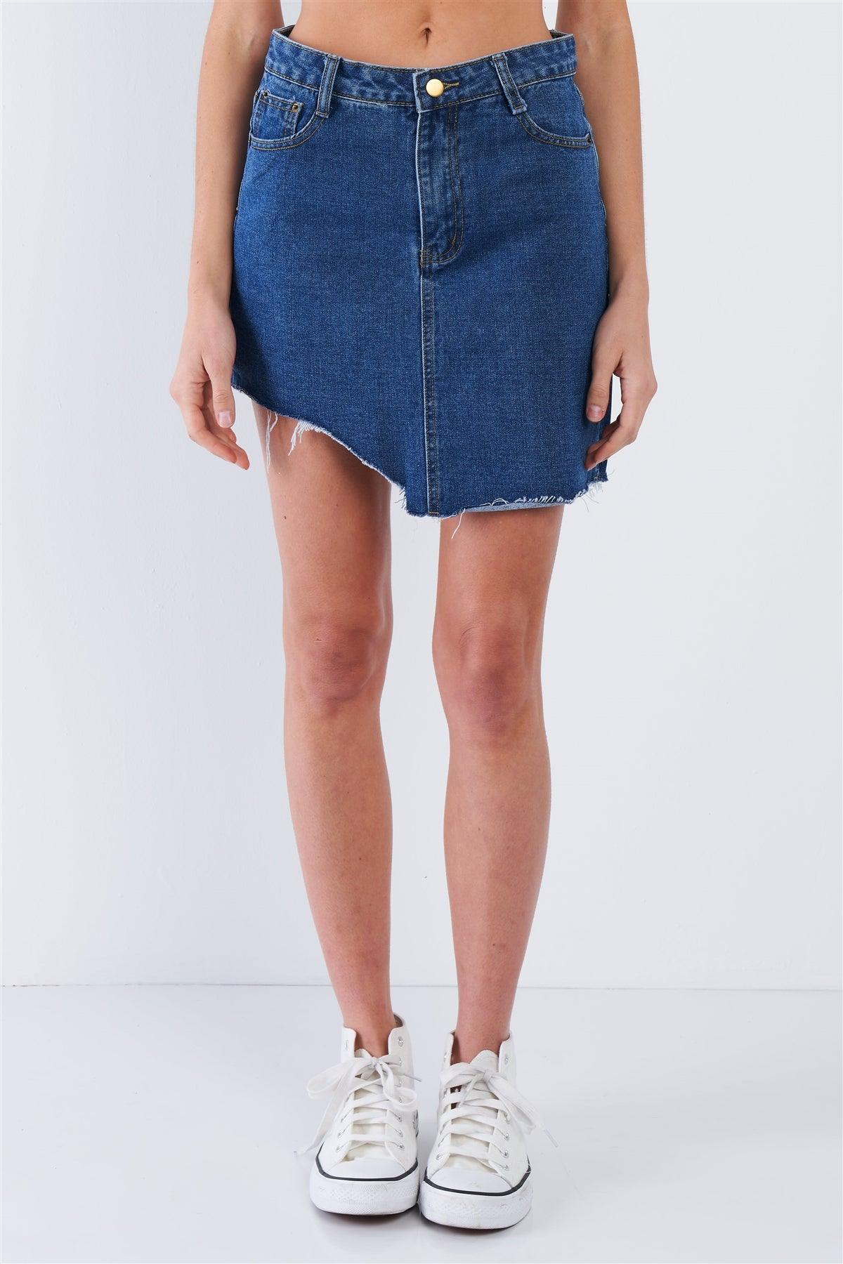 Dark Blue Washed Asymmetrical Raw Cut Hem Mini Skirt /2-2-1