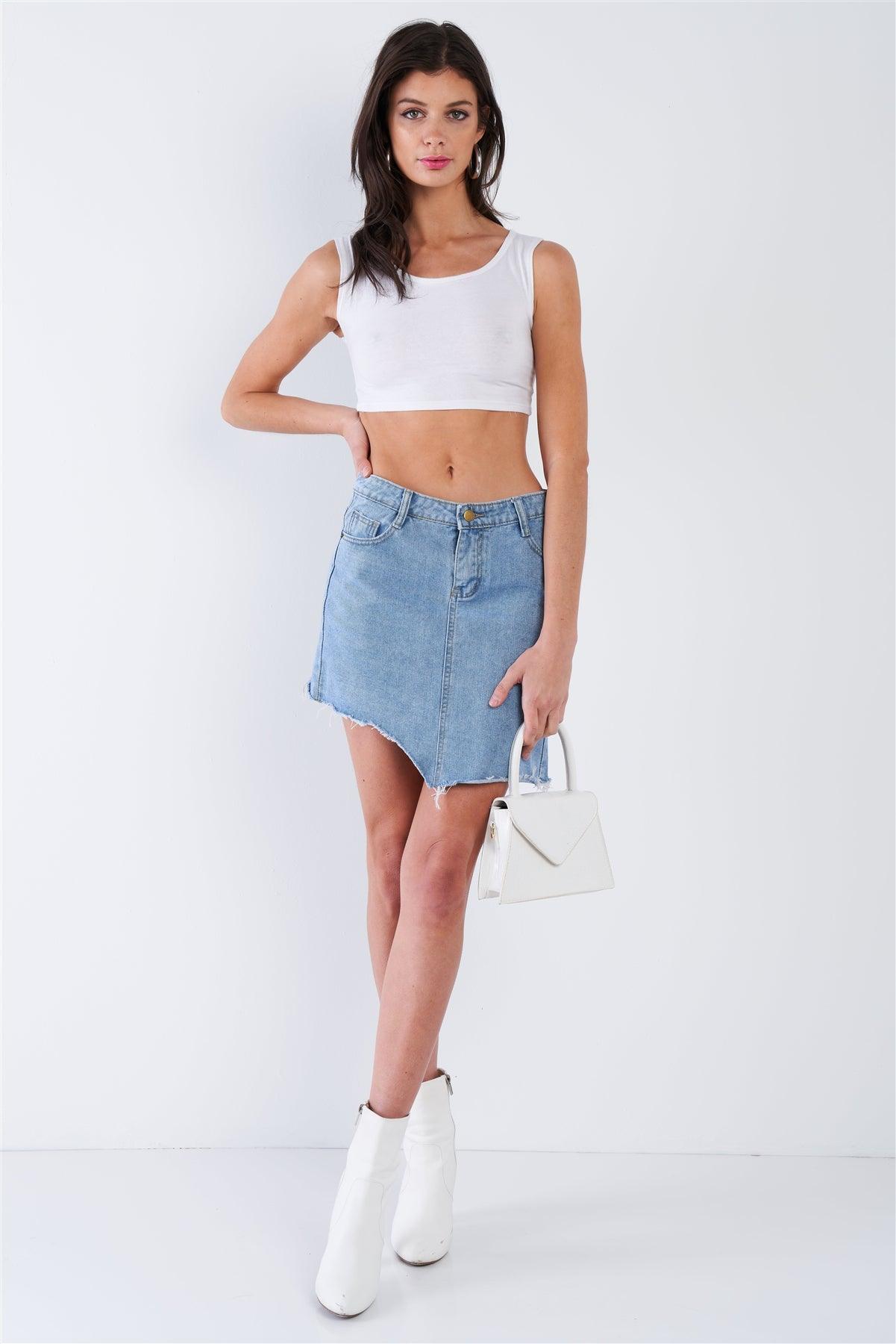 Medium Blue Washed Asymmetrical Raw Cut Hem Mini Skirt  /2-2-1