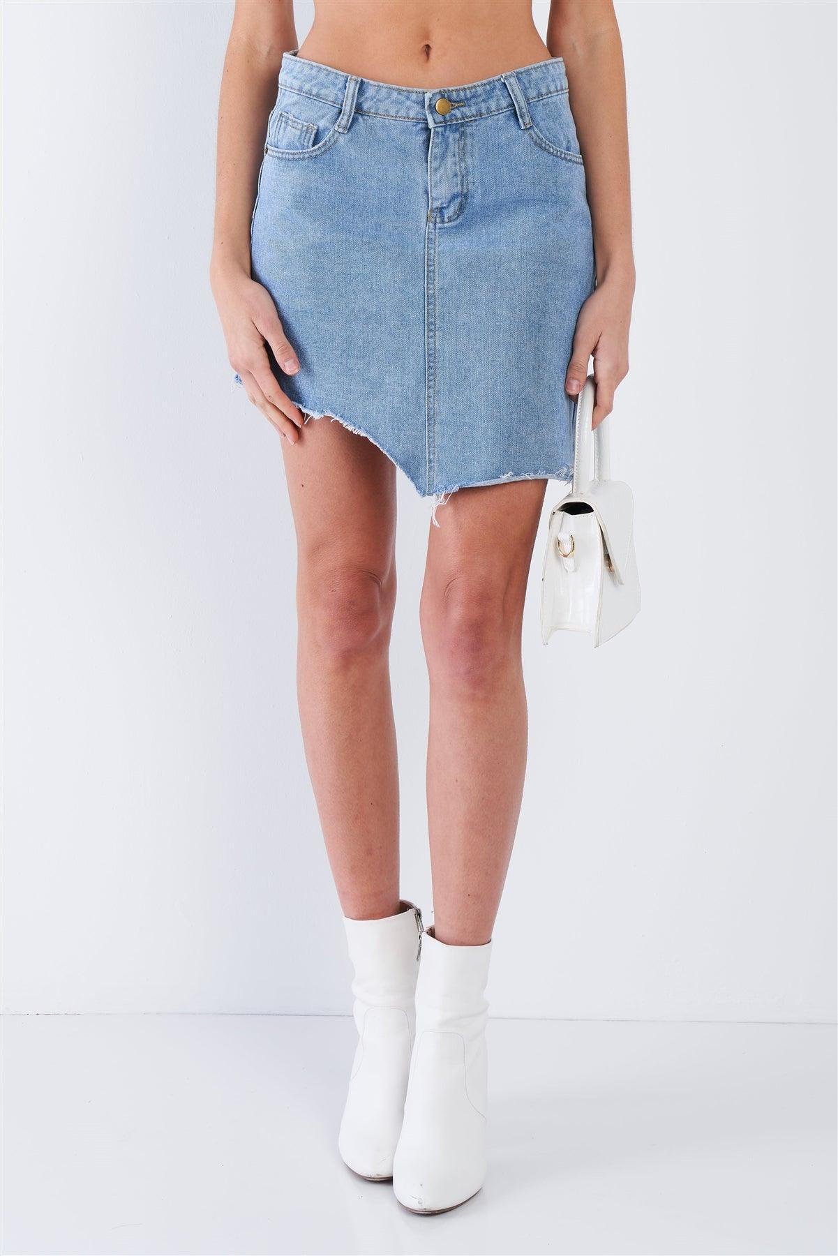 Medium Blue Washed Asymmetrical Raw Cut Hem Mini Skirt  /2-2-1