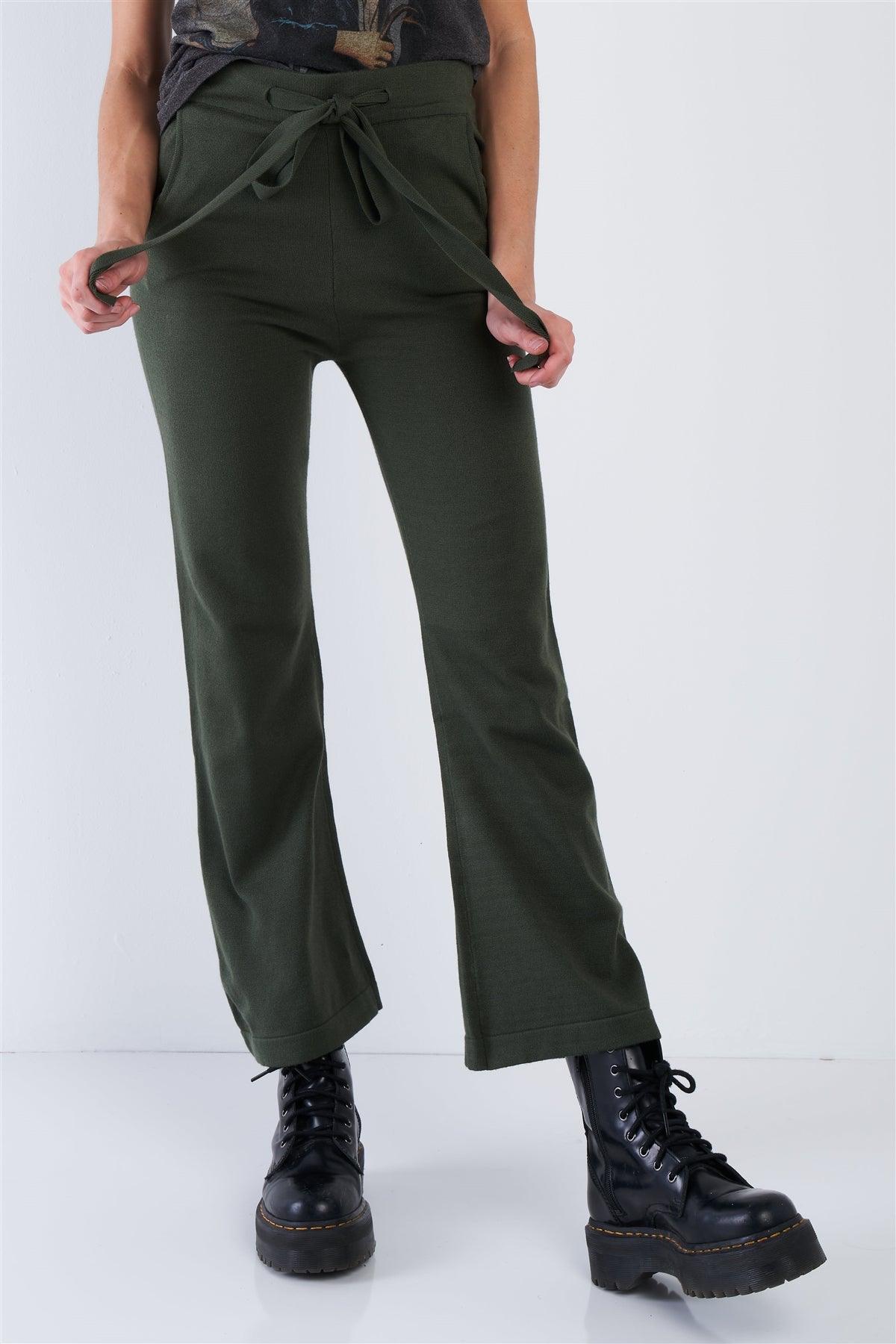 Green Solid Casual Boot Cut Leg Comfy Ankle Length Pants  /2-2-2