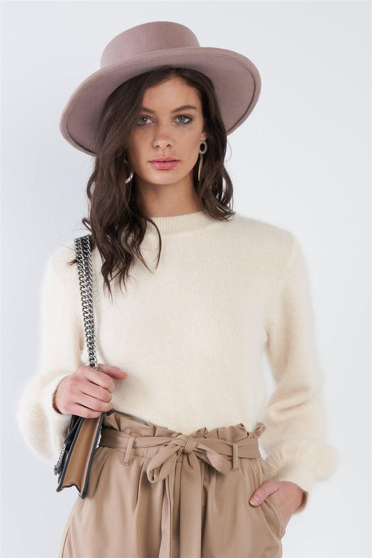 Hairy Cream Beige Mock Neck Chic Long Sleeve Sweater  /1-2-2-1