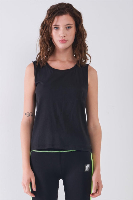 Black Solid Sleeveless Raw Hem Detail Round Neck Basic Tank Top /1-2-2-1