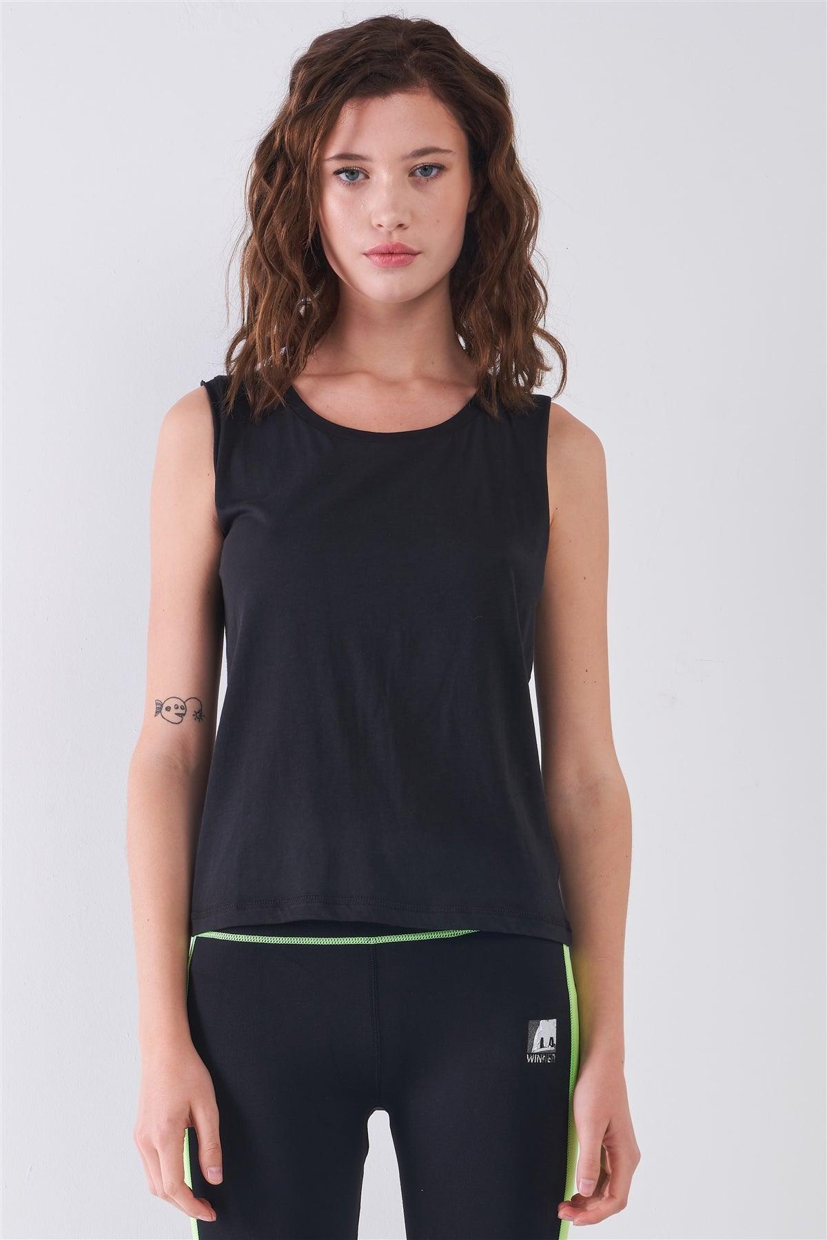 Black Solid Sleeveless Raw Hem Detail Round Neck Basic Tank Top /1-2-3-1